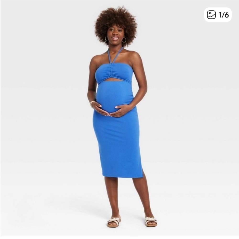Isabel by Ingrid & Isabel Blue Halter Ruched Maternity Maxi Dress XL